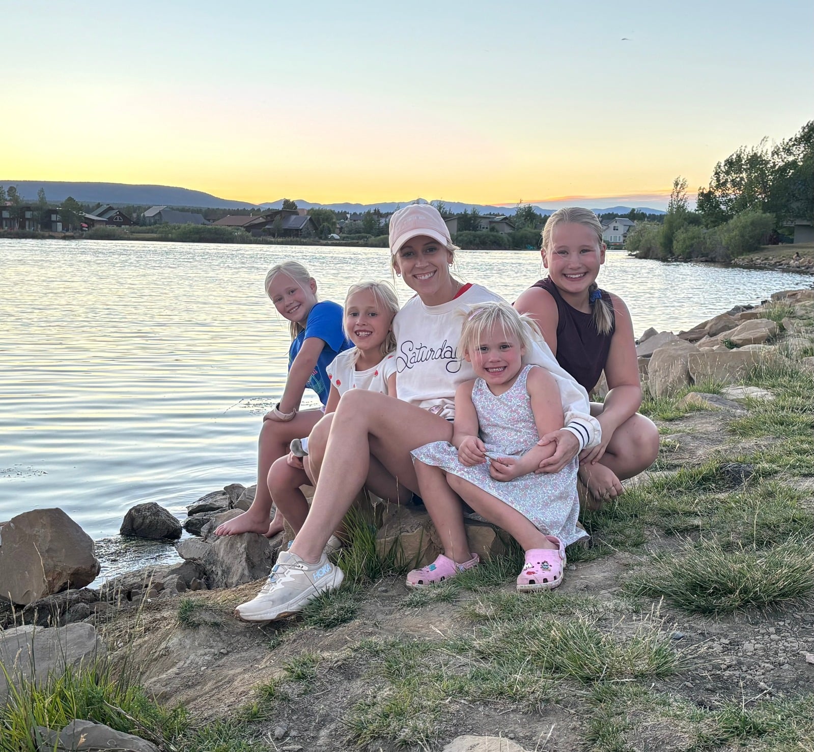 Ruth and her girls at the lake at sunset